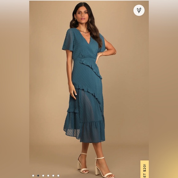 Lulu's Next to You Slate Blue Swiss Dot Ruffled Midi Dress - Picture 2 of 6